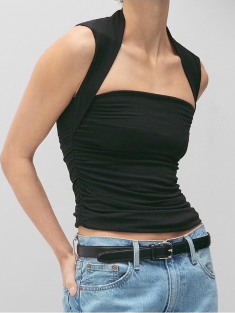Aritzia Original Contour Flourish Top ruched squareneck black Nylon tank top